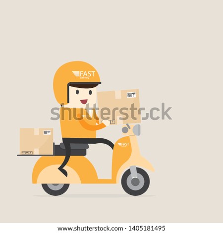 Fast delivery man on scooters hold goods box.Food and other shipping service, express bike deliver.