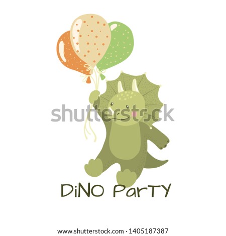 Cute baby triceratops dinosaur flying on balloons isolated on white background. Little dino for t-shirt, kids apparel, poster, nursery or etc. Vector illustration.