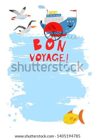 Summer nautical card with ship, sea, fish and seagull. Bon Voyage! Kids hand drawn vector illustration. Cute boat, gull , albatross. Cartoon flat steamship. Sea background. Happy travel marine poster