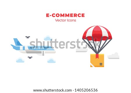 Set of shipment icons, such as plane and Parachute icons, with flat style. Suitable for E-commerce, online shop, shipment, shopping, and delivery theme - Vector Illustration - Vector