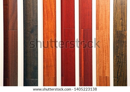Sample parquet boards in hardware store, in home improvement warehouse exterior