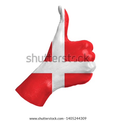 Hand with thumb up paint in colors of Denmark national flag isolated on white background. Symbol of like excellence, achievement, - for tourism, political, social management, sports, championship