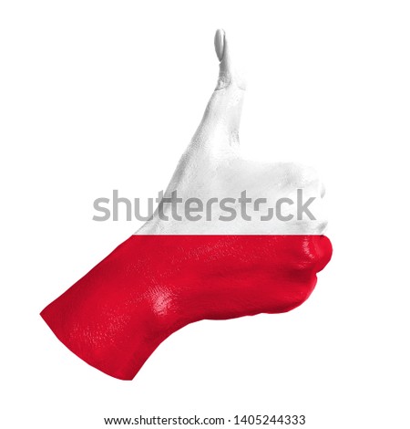 Hand with thumb up paint in colors of Poland national flag isolated on white background. Symbol of like excellence, achievement, - for tourism, political, social management, sports, championship