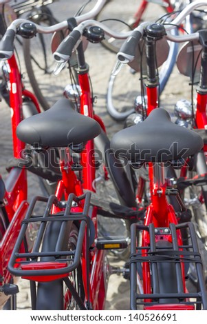 parking of the new red bicycles in Amsterdam, Europe