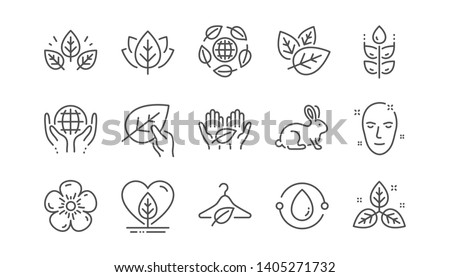 Organic cosmetics line icons. Slow fashion, synthetic fragrance, fair trade. Sustainable textiles, animal testing, eco organic icons. Linear set. Vector Royalty-Free Stock Photo #1405271732
