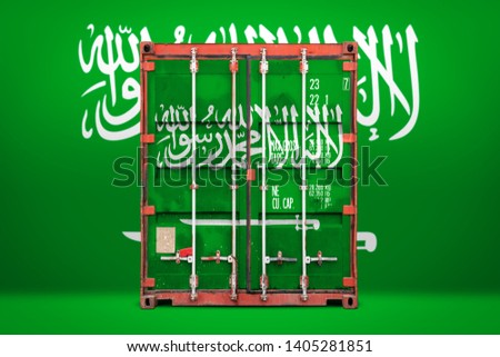  The concept of  Saudi Arabia export-import, container transporting and national delivery of goods. The transporting container with the national flag of Saudi Arabia, view front