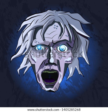 Stylized frosty dead with disheveled hair and blue glowing eyes screaming