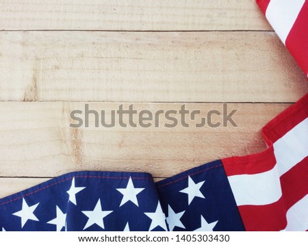 close up american flag on old wood table, copy space background for text, memorial day, 4th of july concept