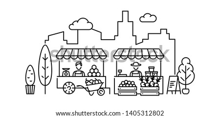 Farmers market illustration. Vector fruit and vegetable shop banner template. Line greengrocer store business with organic eco bio products. Local farm food stand background. Royalty-Free Stock Photo #1405312802