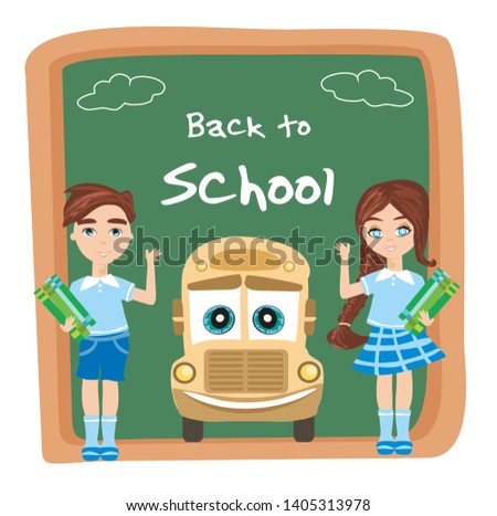 Back to school card, School bus and happy children