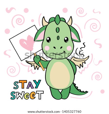 Cute kawaii style dragon holding a heart on a white background