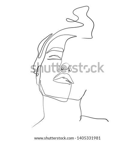 Painting one line young woman or girl portrait face, beauty single icon, simple fashion logo, continuous hand drawing art. Female carton figure isolated on white background.  Royalty-Free Stock Photo #1405331981