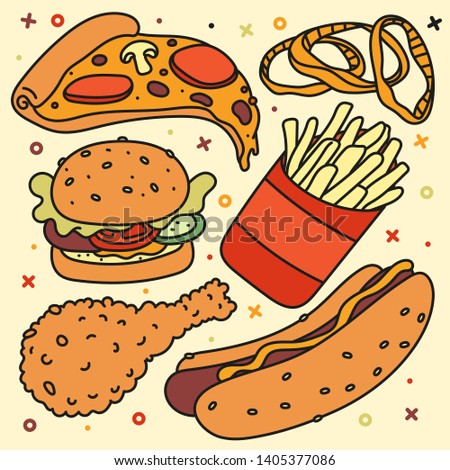 Doodle of element fast food set: hamburger, hot dog, pizza, french fries, chicken, onion rings. Fun and bright colorful background. Vector illustration for restaurant menu. 