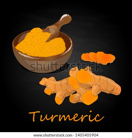 Turmeric (Curcuma longa Linn) set on plate. Black background illustration.