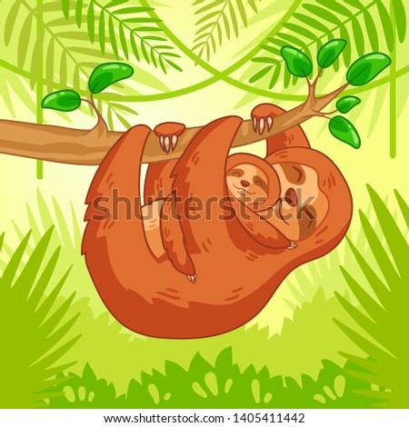 Mom and her cub are sleeping and hanging on a branch in jungle. Sloth family. Animal illustration. Vector illustration. Can be used for sticker, phone case, print, poster, t-shirt, holiday or decor