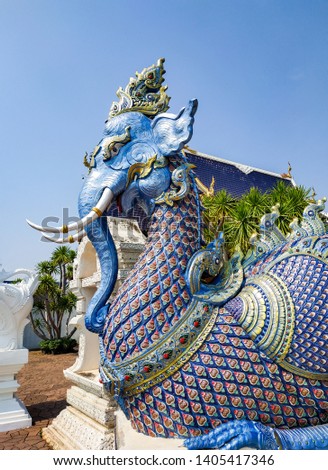 Beautiful Blue Monster Bird with a Bill as big as an Elephant’s Trunk in front of Buddhist Temple Wat Ban Den. Located in Mae Taeng,Chiang Mai,Thailand. 