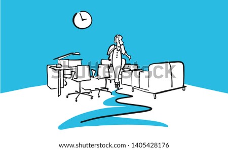 Office interior drawing with woman and blue background. Hand drawn vector art for architecture and communication projects. 