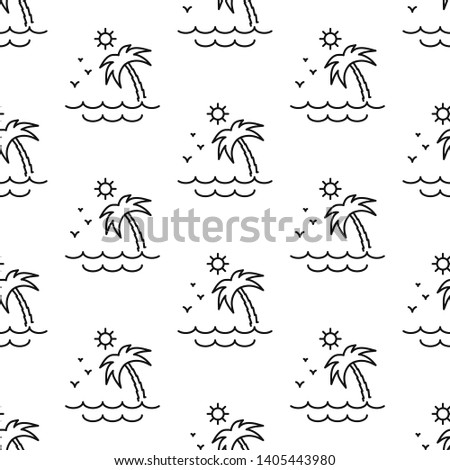 Palm tree, sun and sea. Pattern. Vector illustration on white background. Seamless pattern. Line. Flat design style. Swatch inside