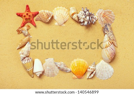 Frame of starfishes and seashells on the sand