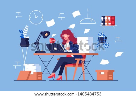 Large amount of work vector illustration. Busy overworked woman sitting at table with laptop and pile of papers in office flat style design. Workflow in full swing Royalty-Free Stock Photo #1405484753