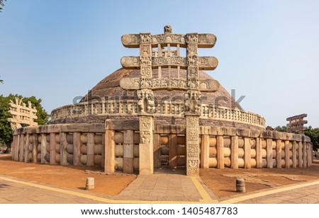 Sanchi Stupa, on a hilltop at Sanchi Town in Raisen District of the State of Madhya Pradesh, India. Royalty-Free Stock Photo #1405487783