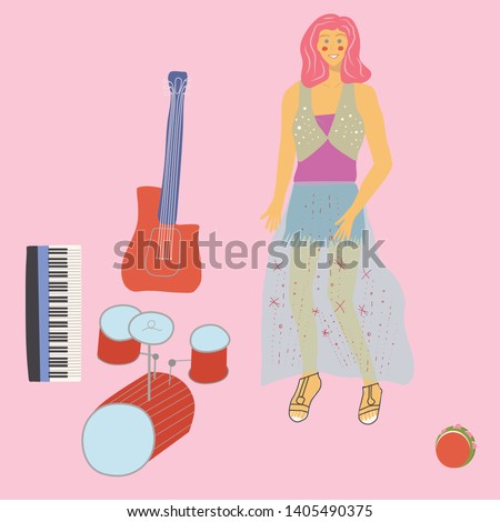 Vector illustration of a girl with musical instruments. Drums, keyboard, guitar on pink background.Vector background for flyer, poster. Flat vector Illustration for music festival.