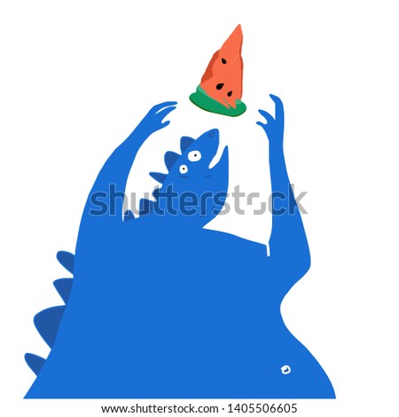 Hand drawn stylized blue dinosaur. Vector trendy flat style cartoon dino. Food festival. Character vector. Summer time. Watermelon.