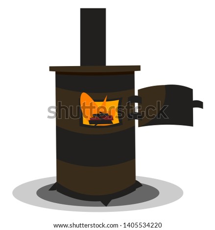 Clipart of the medieval stove specially designed with heat source glowing flame from the planks of woods used for cooking food, vector, color drawing or illustration. 
