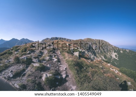Distant mountain cores in mist in slovakia Tatra mountain trails in clear autumn day with blue sky and green vegetation - vintage retro film look