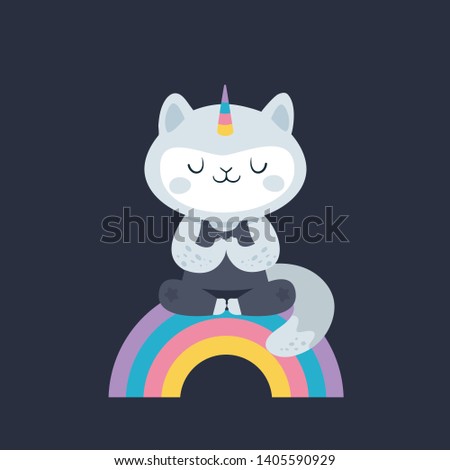 Cat unicorn. Yoga kitty on the rainbow. Healthy lifestyle. Trendy Flat cartoon character illustration. Ideal for design game, book, t-shirt, card, print, poster, decoration, textile, calendars, magnet