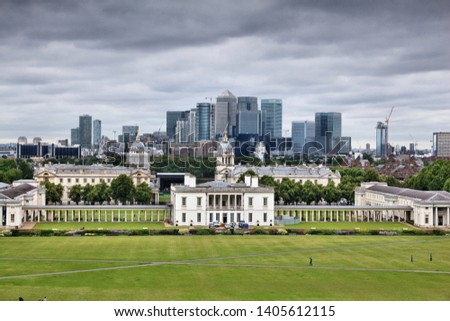 London skyline - capital city of the UK. Canary Wharf and Greenwich. UNESCO World Heritage Site.