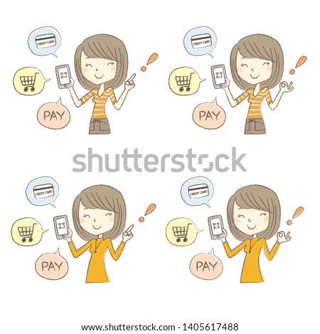 Cashless and Smartphone payment image, a woman holding a smartphone, set of poses