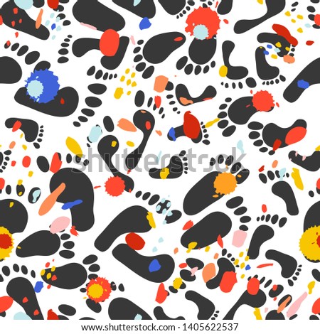 Seamless pattern with traces of different sizes. Traces of people - men, women, children. Abstract hand painted repeat texture with colorful blots of paint.