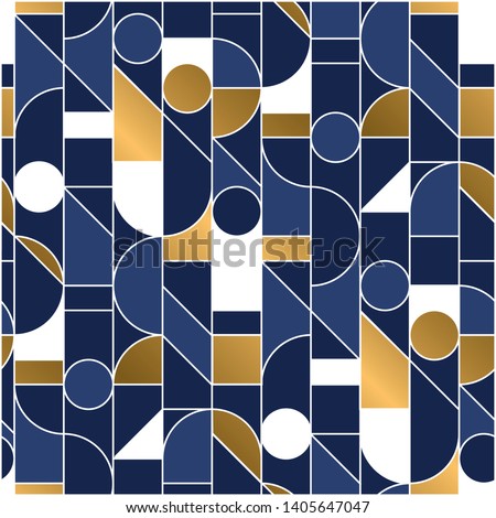 Luxury masculine marine blue and gold geometric outline shapes seamless pattern. Retro line geometry 70s chic repeatable motif for fabric, background, surface design, textile. Tile rapport vector Royalty-Free Stock Photo #1405647047