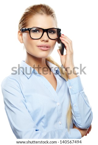 Happy smiling successful businesswoman with cell phone.