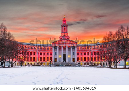 Denver, Colorado, USA city and county building at dusk in winter.