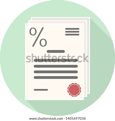 flat loan agreement icon with percent sign and red stamp on green background