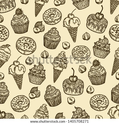 Vector hand drawn seamless pattern of cupcakes ice creams and donuts in the engraving vintage style.
