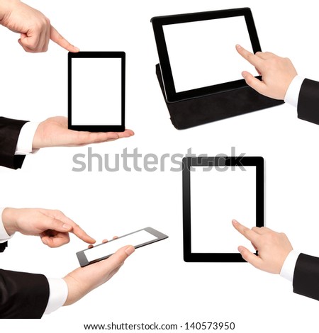 isolated businessman hand holding touch tablet computer