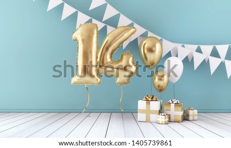 Happy 14th birthday party celebration balloon, bunting and gift box. 3D Render