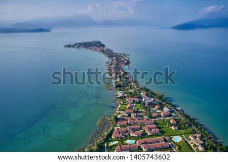 Aerial photography with drone, lake Garda, Sirmione del Garda, Italy.