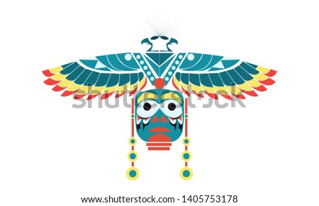 vector image of an eagle totem statue and human head.
  symbol of a reciprocal relationship between humans and nature