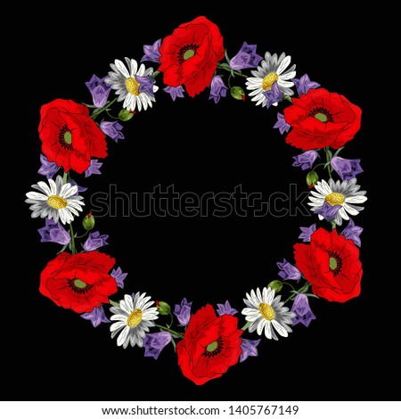 A large beautiful wreath of bright red poppies, purple cornflowers and field daisies on white background. Pattern for t-shirts. Template for a romantic card with wild flowers.
