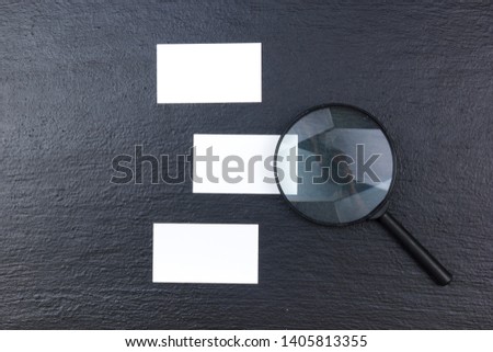 Corporate stationery set mockup. Magnifier. Blank white textured brand ID elements, blackboard