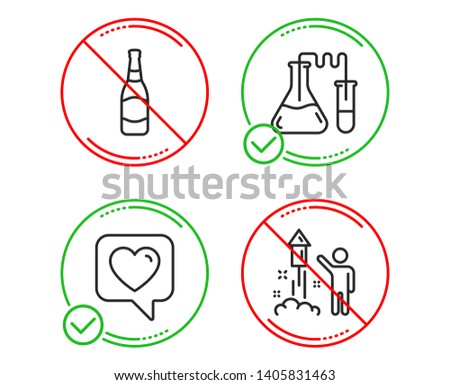 Do or Stop. Beer bottle, Chemistry lab and Heart icons simple set. Fireworks sign. Brewery, Medical laboratory, Like rating. Party pyrotechnic. Line beer bottle do icon. Prohibited ban stop. Vector