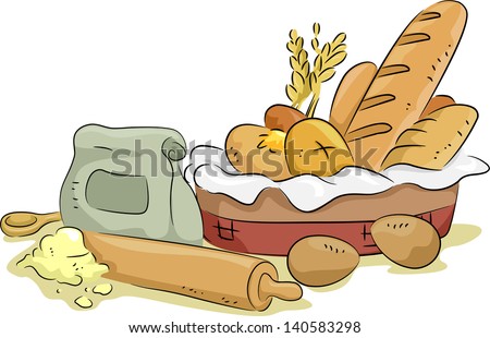 Illustration of Basket of Bread with Baking Materials and Ingredients