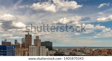 Downtown Milwaukee Skyline with a view of Lake Michigan in spring, Wisconsin, USA.