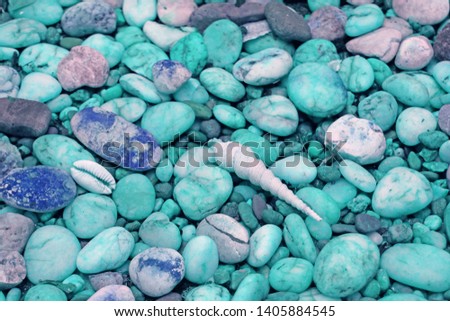 Pebble Stones Path with Tiny Seashells on the Beach in Pastel Blue Tone