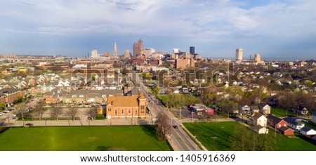 Aerial View Lake Erie next to the downtown city skyline of Cleveland Ohio