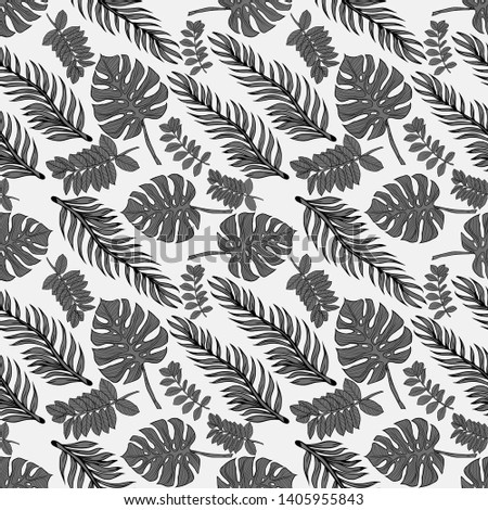 Pattern illustration of gray tropical leaf monstera and palm trees on a white background
